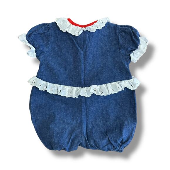 Vintage Buster Brown 12M‎ Baby Romper Denim Puff Sleeve Lace Trim Red Bow USA - Picture 7 of 8